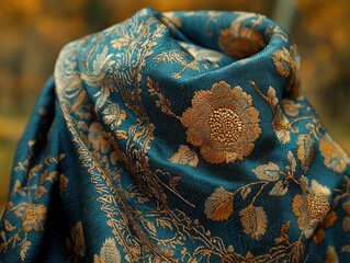 Teal and gold patterned shawl