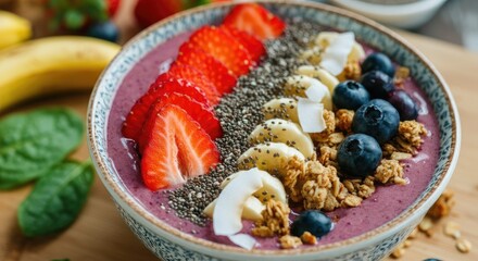 Colorful smoothie bowl with fruits, chia seeds, and granola