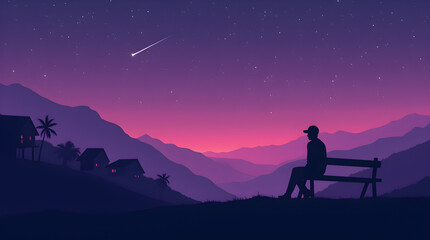 Peaceful Purple Night Sky Shooting Star Silhouette Man on Bench Mountain Village Vector Illustration