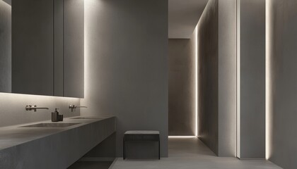 Minimalist bathroom interior with raw concrete finishes, large frameless mirrors, and soft recessed lighting for a sleek contemporary look
