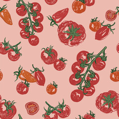 Vector vegetable seamless pattern of cherry and tomatoes. Hand-drawn garden harvest. Tasty food illustration for restaurant and cafe interior, veggie market drawing print, fabric or background.