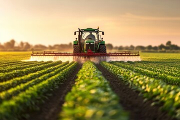 Fototapeta premium Green Tractor Spraying Crops at Sunset in a Fertile Agricultural Field Landscape