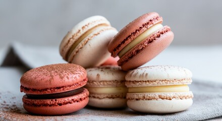 Obraz premium Delicious, colorful macarons stacked on cloth, showcasing French desserts