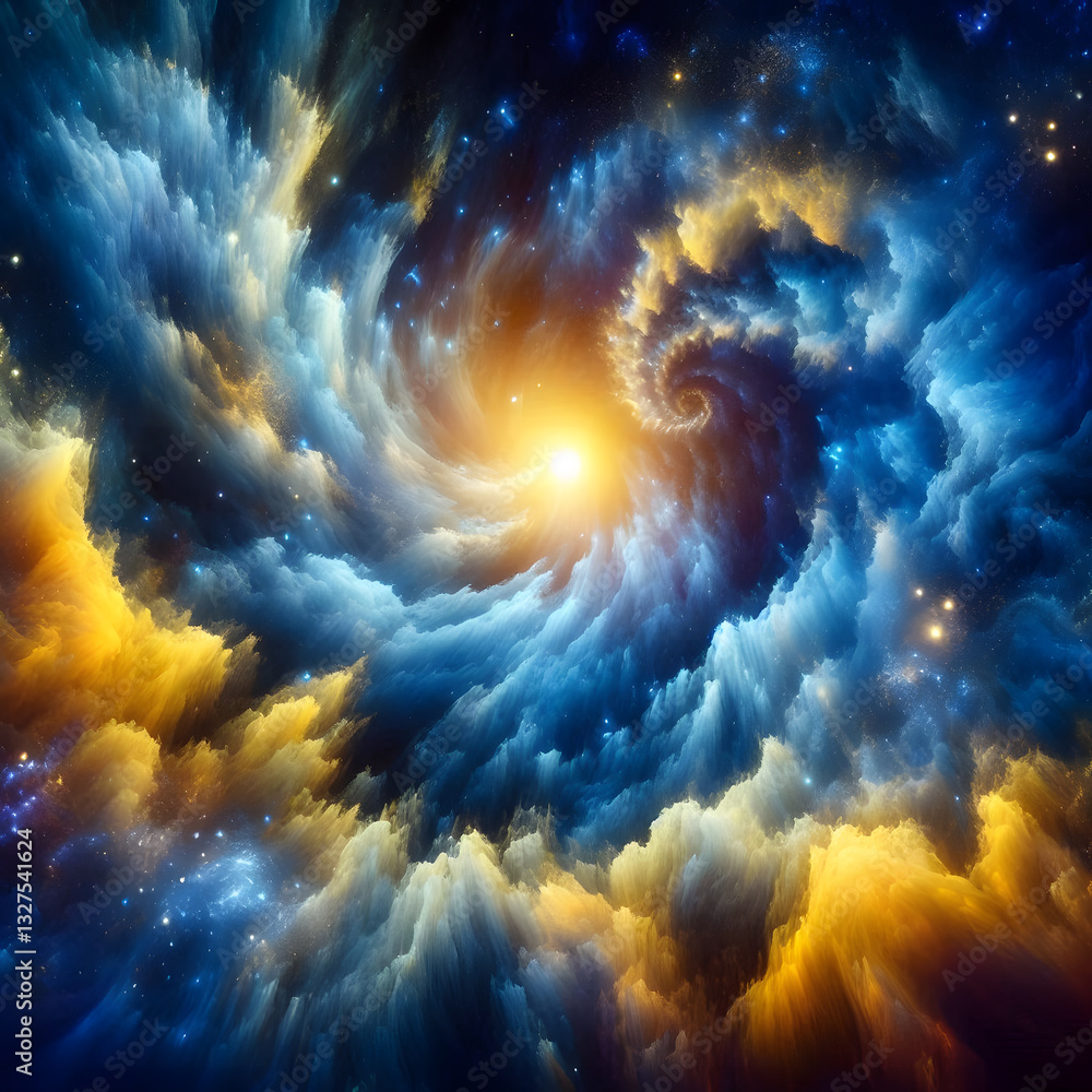 Poster a swirling celestial scene with luminous clouds and sparkling stars, creating a dreamy and ethereal 
