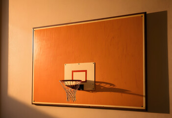 Warm hues reflecting on the backboard, soft light, deep shadows, serene atmosphere.