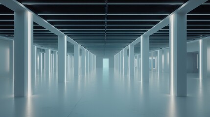 Minimalist white showroom interior, futuristic concept, floating glass panels, soft glowing LED strips, ultra-modern space, surreal lighting, ultra-HD clarity