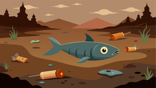 The once clear and pristine waters are now a murky brown color the result of industrial waste and human negligence. Dead fish float listlessly on the surface their limp bodies a. Vector illustration