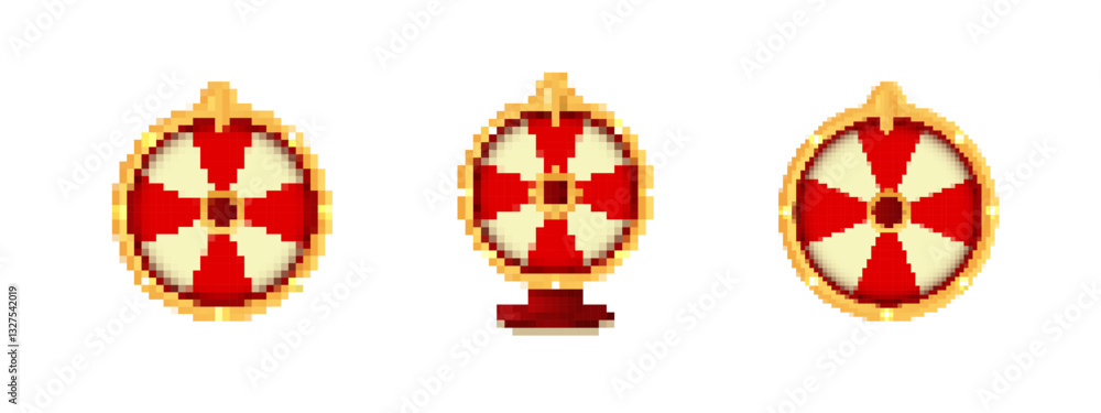 Poster three red and white shields presented in pixel art style. each shield features a round shape design.