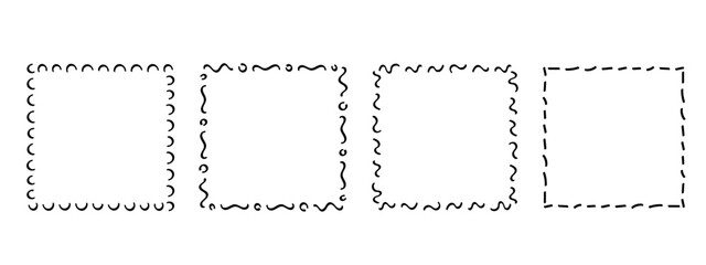 Square doodle frames ,hand-drawn monograms.Edgings and cadres with simple sketchy design elements.Isolated. Vector illustration.