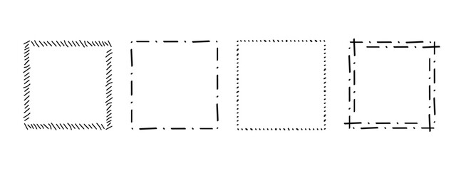 Square doodle frames ,hand-drawn monograms.Edgings and cadres with simple sketchy design elements.Isolated. Vector illustration.