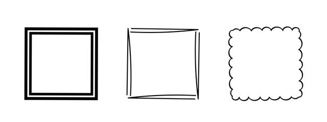 Square doodle frames ,hand-drawn monograms.Edgings and cadres with simple sketchy design elements.Isolated. Vector illustration.