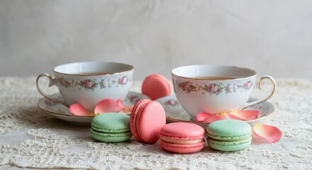 Elegant tea setting with floral teacups and colorful macarons on lace tablecloth