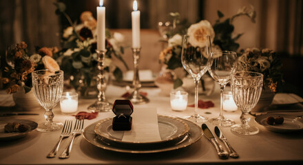 Elegant romantic dinner table setting with candles, flowers, and fine china