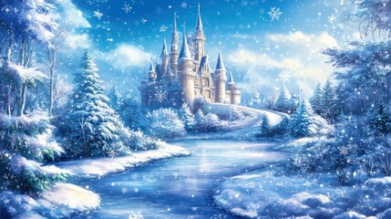 Majestic castle stands amidst a winter wonderland scenery