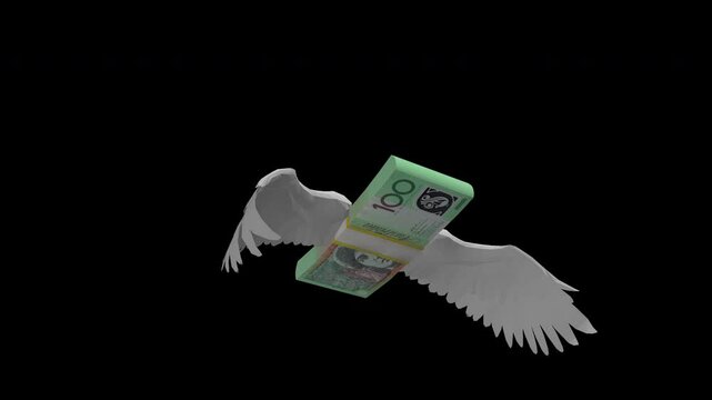 stack of hundred australian flaying with wings. 4k Loop animation footage alpha ready