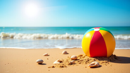 Obraz premium A colorful beach ball resting motionless on the shore