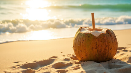 A coconut with a straw lying near small sand ripples