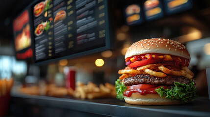 Fast food menu displayed on a digital monitor. Restaurant screen showcasing meals, prices, and promotions. Modern ordering system.