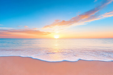 Fototapeta premium Peaceful sunrise over the tranquil ocean shore. A beautiful sunrise paints the sky with vibrant colors, reflecting on the calm ocean water, gently lapping at the soft, sandy beach