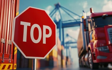 Abstract logistics and customs clearance scene, bold red stop sign with blurred trucks, cranes, and containers in the background, professional 3D render