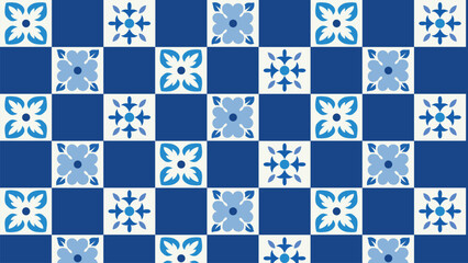  blue and white tile pbackground attern with floral and geometric details. Inspired by Mediterranean and Portuguese ceramics, perfect for backgrounds, wallpapers, textiles, and decorative prints.