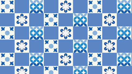 Classic blue and white  tile background with ornamental details. Inspired by vintage ceramic designs, ideal for textile prints, wallpapers, interior decor, and digital backgrounds.