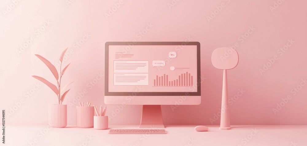 Poster minimalist 3d illustration of a computer screen displaying seo analytics, graphs, and chat bubbles, 