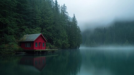 Obraz premium Tranquil Lake at Dusk with Soft Colors and Cabins