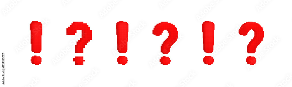 Poster pixelated red exclamation and question marks, designed in a bold digital typography style.