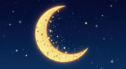Fototapeta premium A enchanting night sky scene a crescent moon glowing with a soft warm light adorned with numerous twinkling stars the stars vary in size and brightness a magical and dreamy effect on blue background