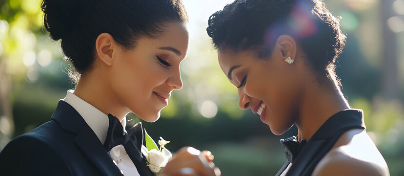 Two women dancing on their wedding day, with the background of a beautiful garden