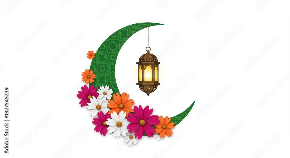 Fototapete a colorful design a crescent moon adorned with intricate green patterns and surrounded by an array o