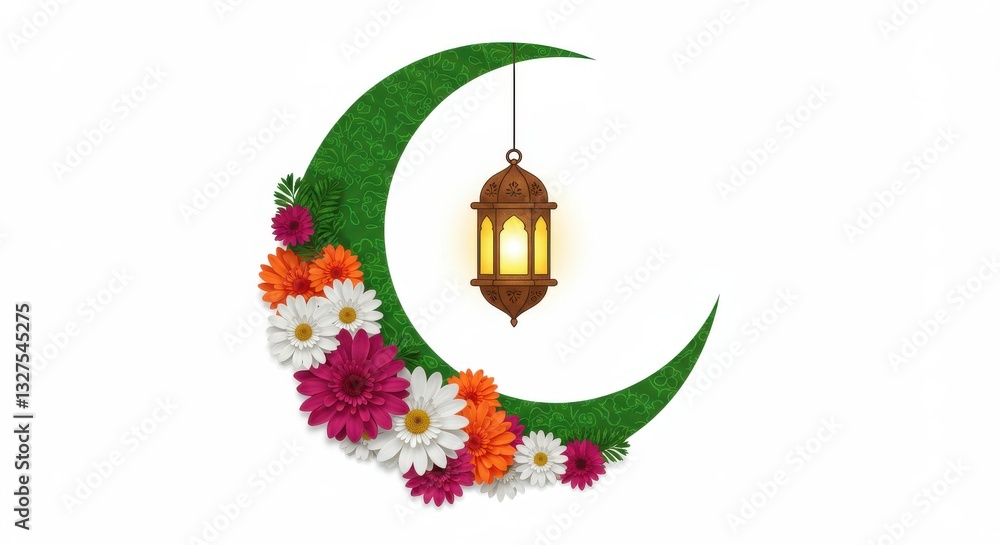 Fototapete a colorful design a crescent moon adorned with intricate green patterns and surrounded by an array o
