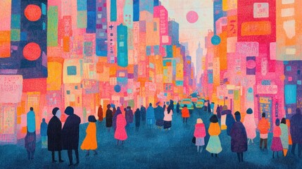 Vibrant city street scene with people, colorful buildings and signage.