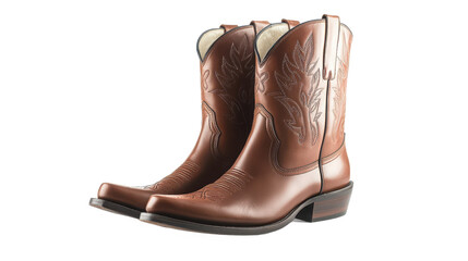 Classic Brown Leather Cowboy Boots With Intricate Floral Stitching, Exuding A Rugged Yet Sophisticated Western Charm Against A Clean White Backdrop Isolated on Transparent Background