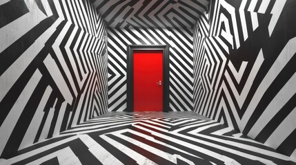 Red door in a black and white patterned room.