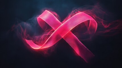 Pink ribbon symbol, glowing in smoke, dark background.