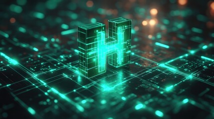 Futuristic, glowing, 3D Hydrogen symbol on circuit board. Abstract, technological design.