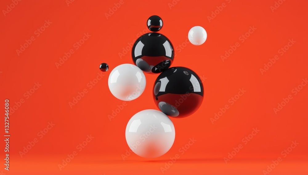 Poster minimalist abstract 3d composition, floating metallic and matte shapes, dynamic motion, perfect bala