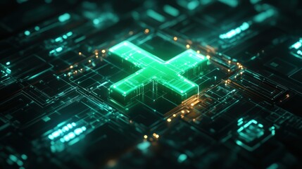 Illuminated green plus sign on a circuit board.