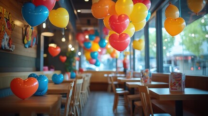Colorful heart-shaped balloons decorate a restaurant interior.