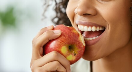 Close-up of woman biting into red apple, promoting healthy eating