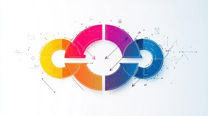 Abstract circular infographic design with overlapping pie charts and interconnected segments,  featuring vibrant color gradients and a technological background.