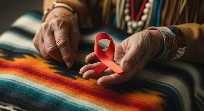 Elderly person holding red ribbon on colorful fabric, symbolizing AIDS awareness