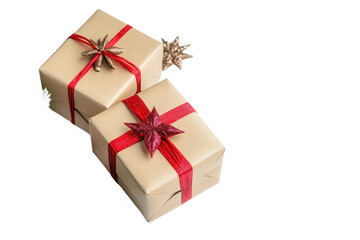 Fototapeta premium Two Elegantly Wrapped Gifts, Adorned With Red Ribbons And Sparkling Star Ornaments, Promising Joy And Anticipation For A Special Occasion On A Clean Isolated on Transparent Background