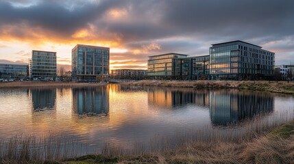 Fototapeta premium Modern Buildings Reflecting in Calm Sunset Water