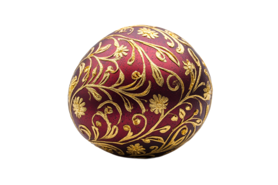 Decorative egg with ornate golden design on red surface