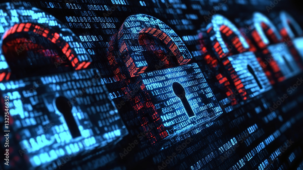 Poster technology web security card, personal cyber data protection spam filter website template internet p