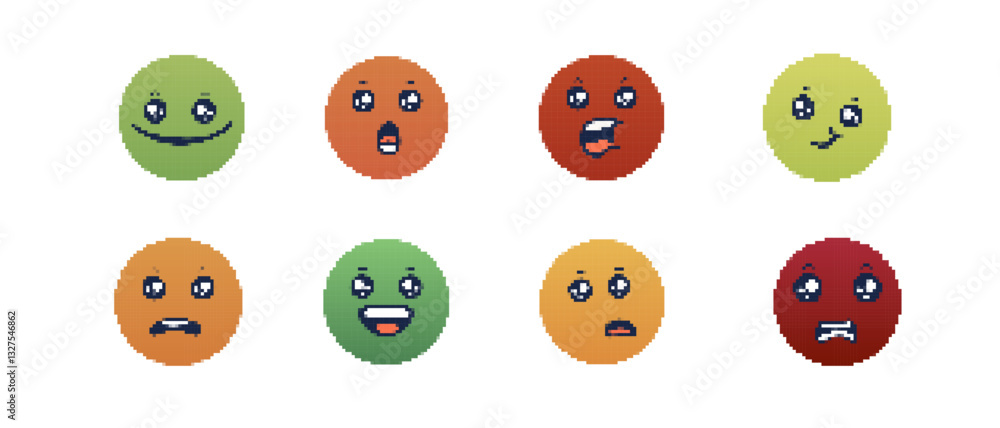 Poster eight pixel art faces showcase different emotions with unique expressions and vibrant colors.