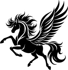 A powerful, stylized silhouette of a Pegasus, a mythical winged horse, in a dynamic pose.